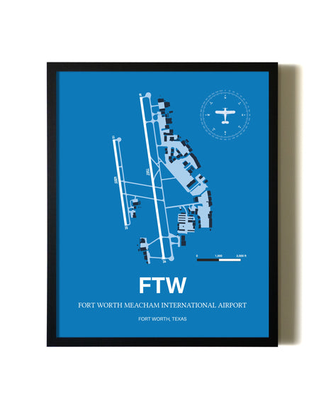 Sky Blue Fort Worth Meacham International Airport aviation wall décor in black wood frame