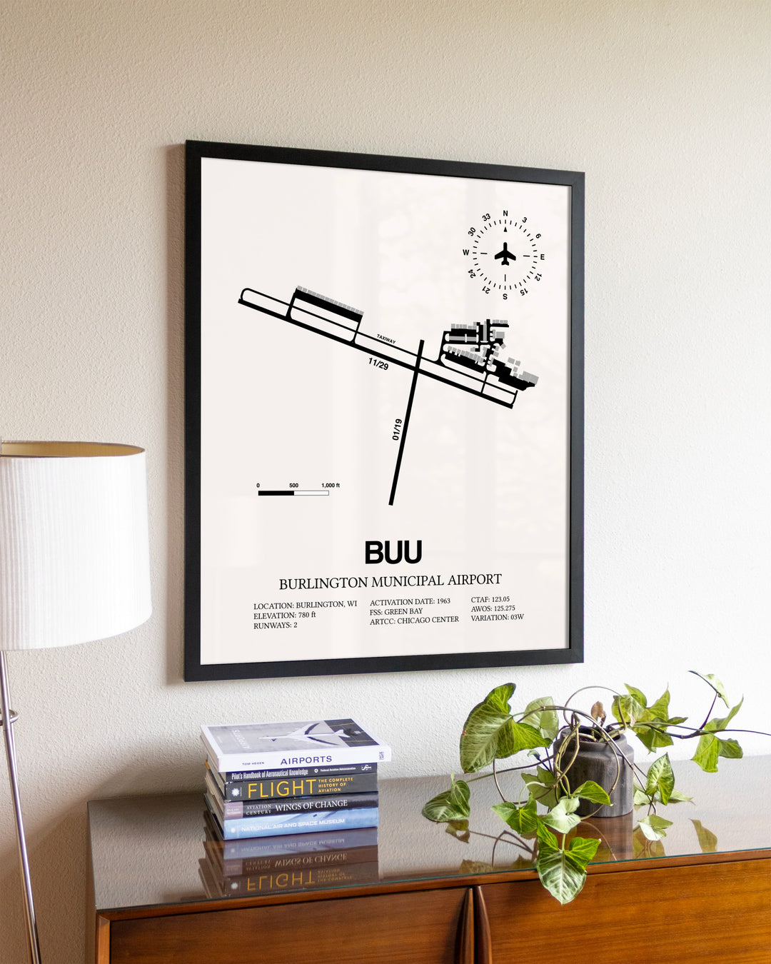 Burlington Municipal Airport aviation wall décor in black wood frame
