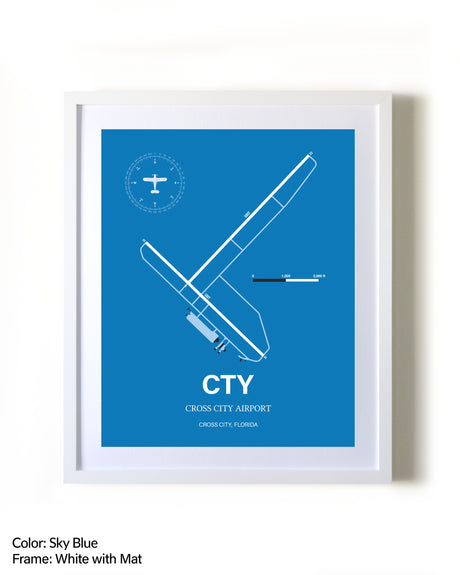 Cross City Airport framed wall art in white frame with mat