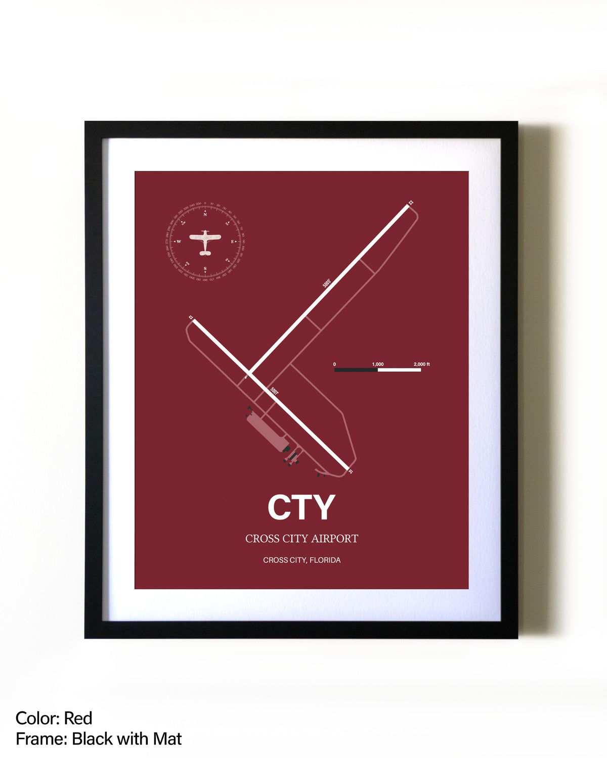 Cross City Airport aviation wall décor in black wood frame