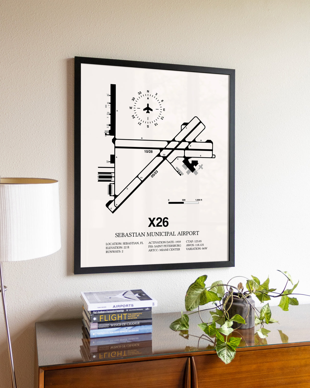 Sebastian Municipal Airport aviation wall décor in black wood frame