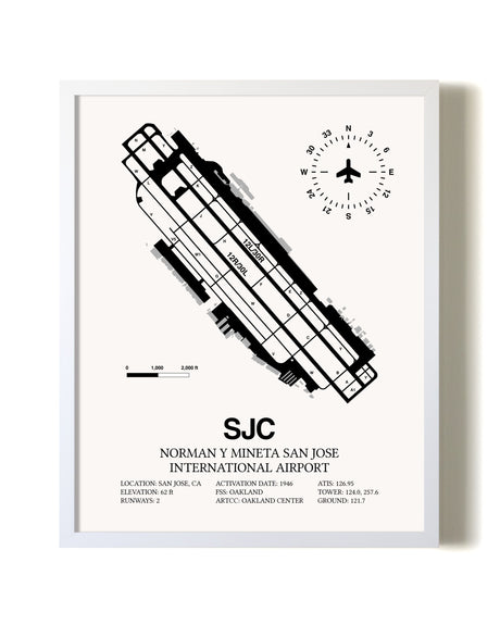 San Jose Mineta International Airport airport map poster in oak frame