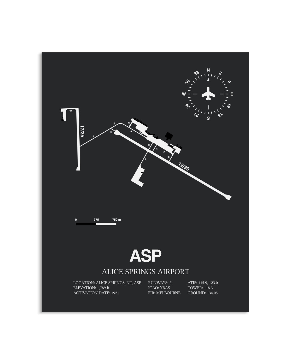 Gray Framed Alice Springs Airport layout wall art poster