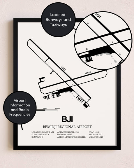 Framed Bemidji Regional Airport layout wall art poster