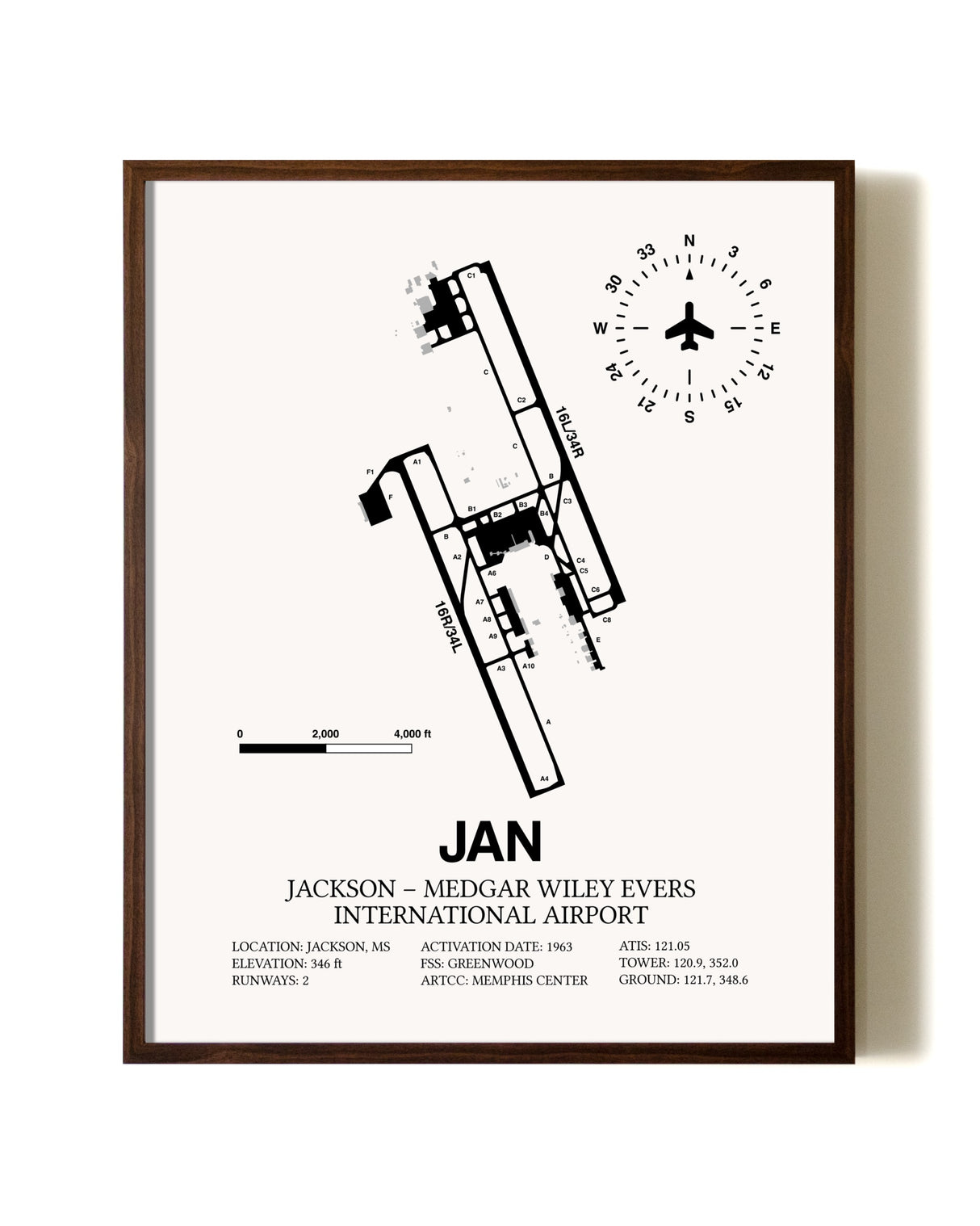 Jackson-Medgar Wiley Evers International Airport aviation print in walnut frame