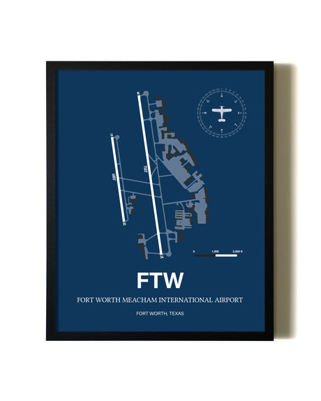Aviation Blue Framed Fort Worth Meacham International Airport layout wall art poster