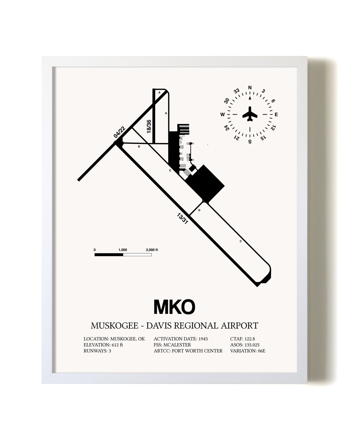 Muskogee-Davis Regional Airport airport map poster in oak frame
