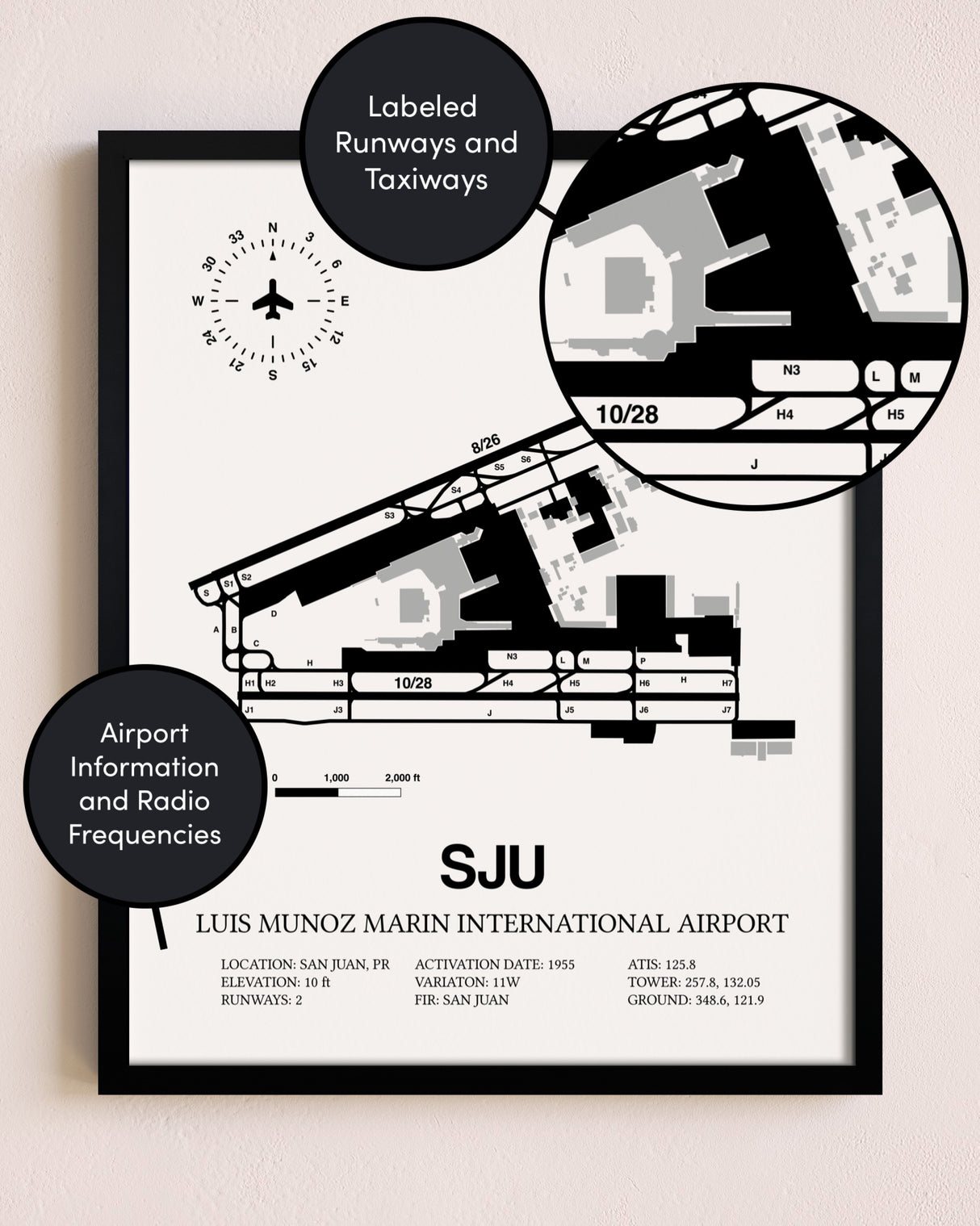 Framed Luis Munoz Marin International Airport layout wall art poster