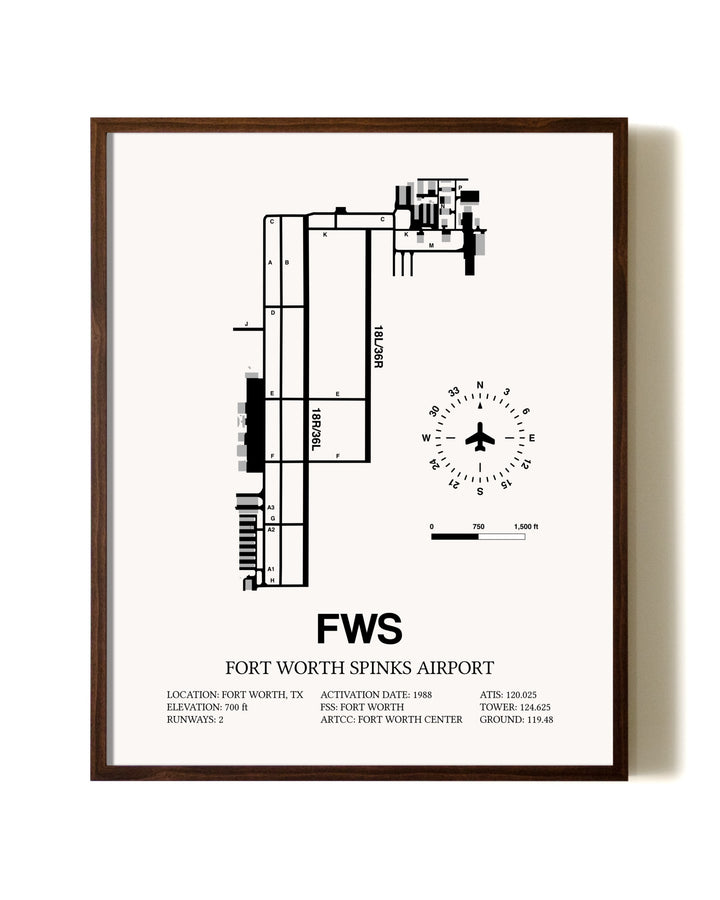 Fort Worth Spinks Airport aviation print in walnut frame