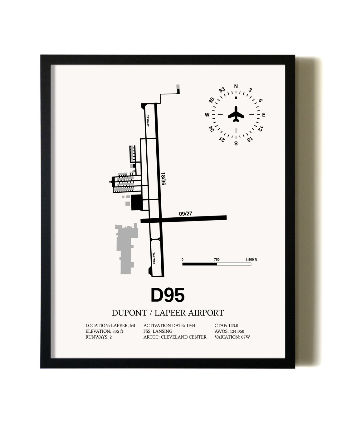 Framed Dupont / Lapeer Airport wall art poster in black frame