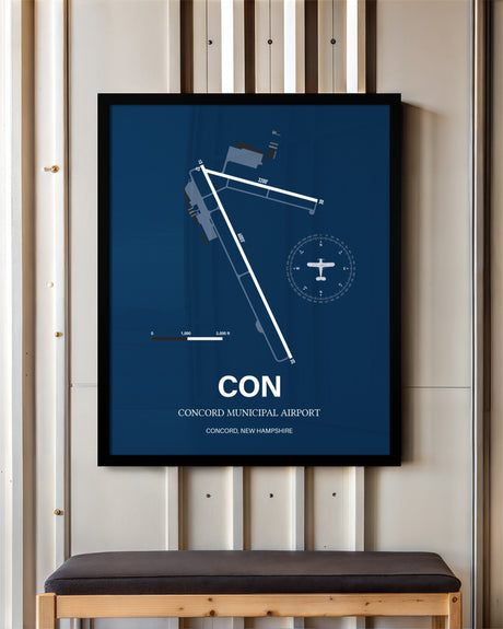 Concord Municipal Airport framed poster displayed in an airplane hangar