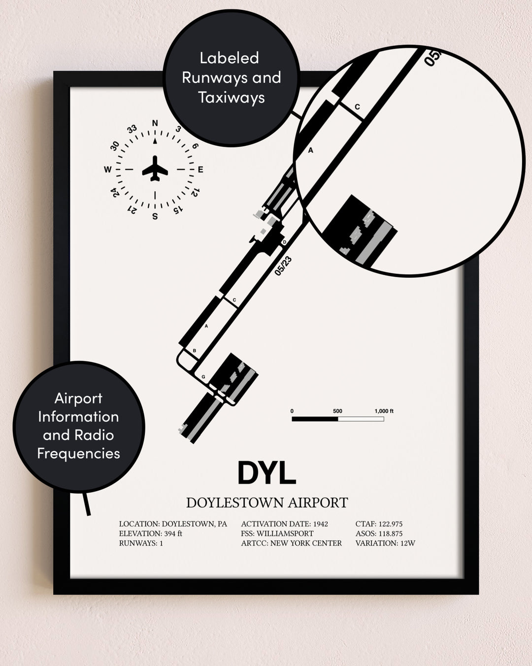 Framed Doylestown Airport layout wall art poster