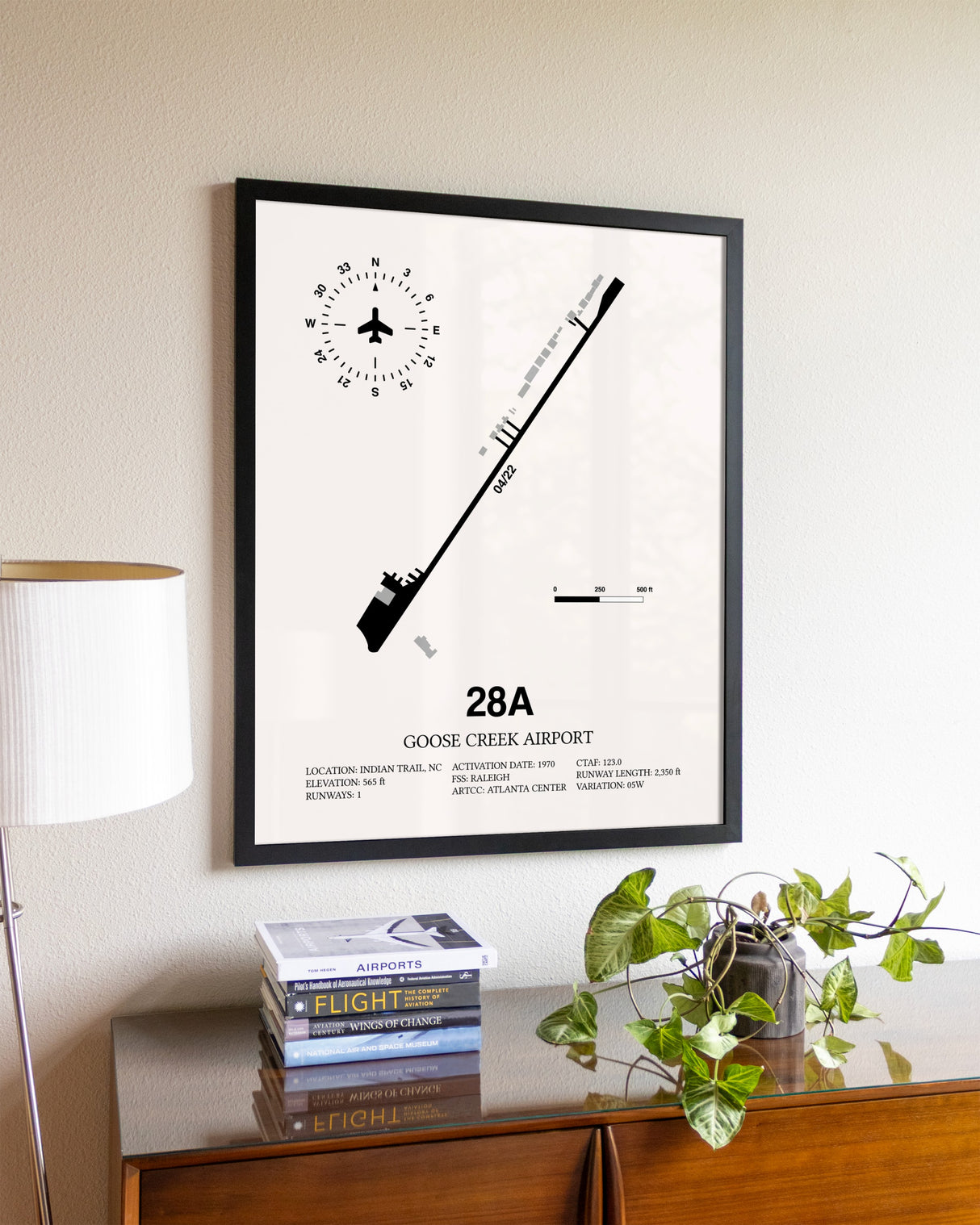 Goose Creek Airport aviation wall décor in black wood frame