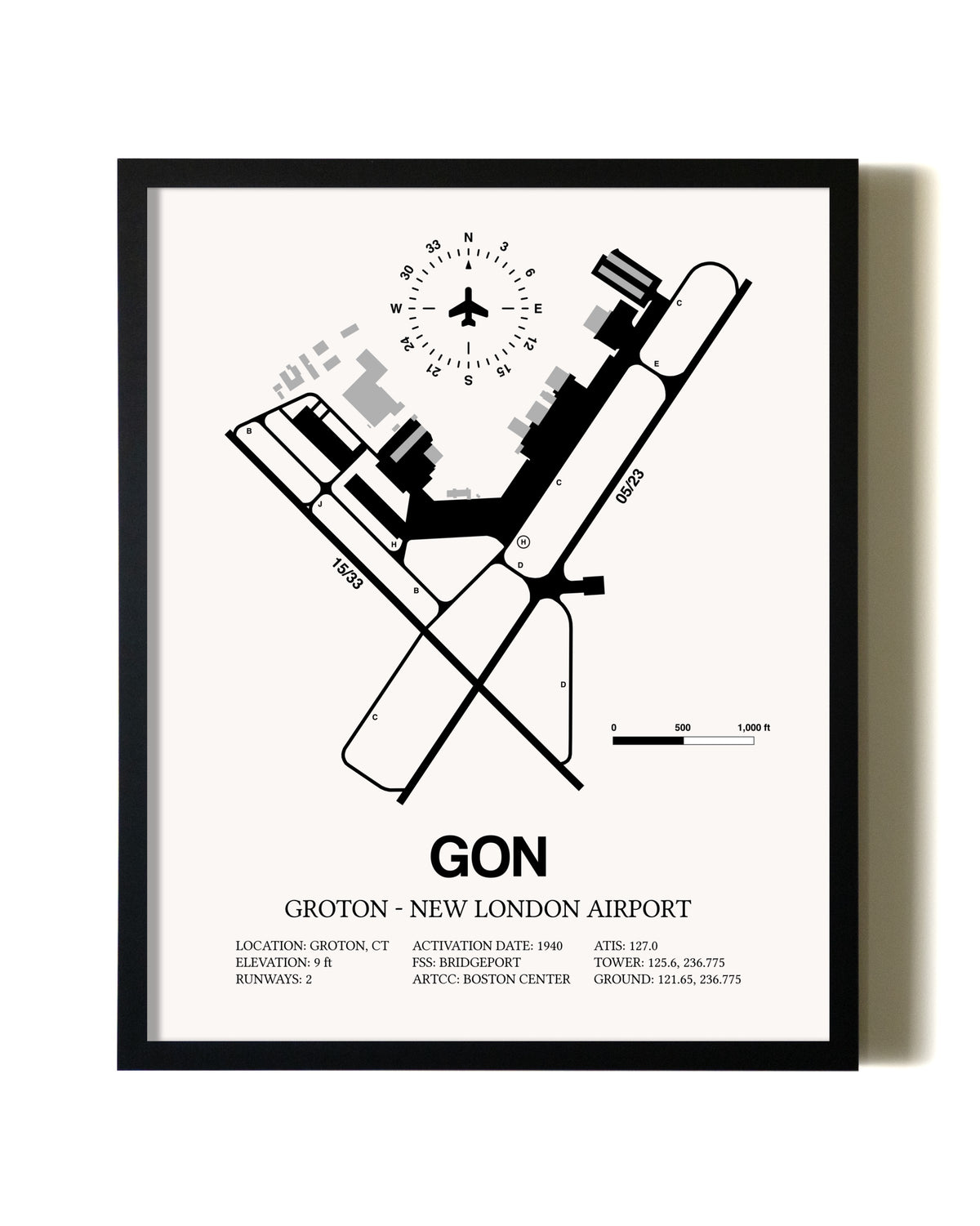 Framed Groton-New London Airport wall art poster in black frame