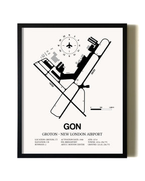 Framed Groton-New London Airport wall art poster in black frame