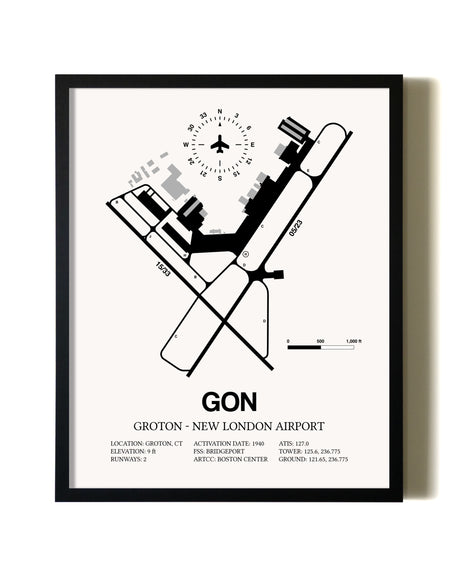 Framed Groton-New London Airport wall art poster in black frame