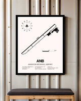 Anniston Regional Airport framed poster displayed in an airplane hangar