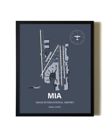 Blue and Cream Framed Miami International Airport layout wall art poster
