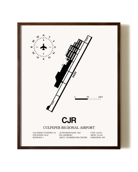 Culpeper Regional Airport aviation print in walnut frame