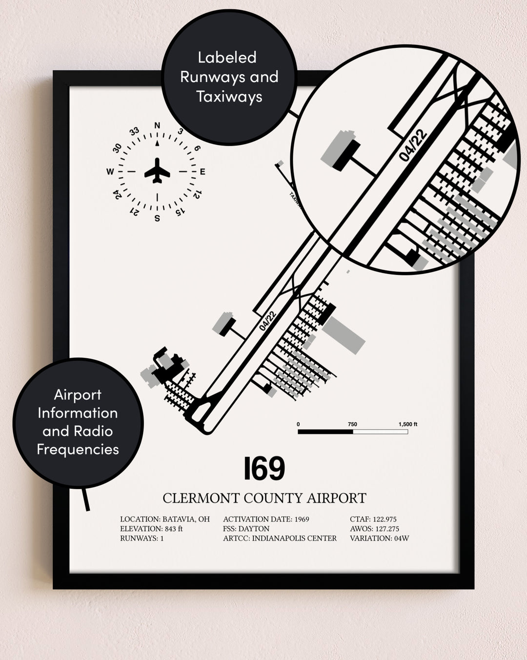 Framed Clermont County Airport layout wall art poster