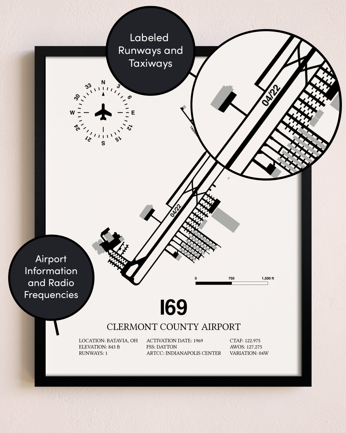 Framed Clermont County Airport layout wall art poster