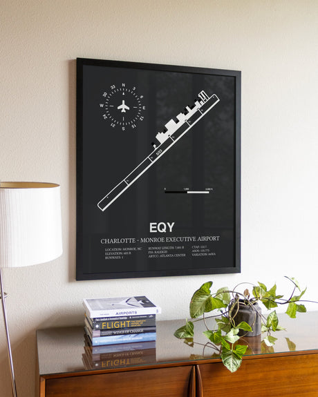 Gray Framed Charlotte-Monroe Executive Airport wall art poster in black frame