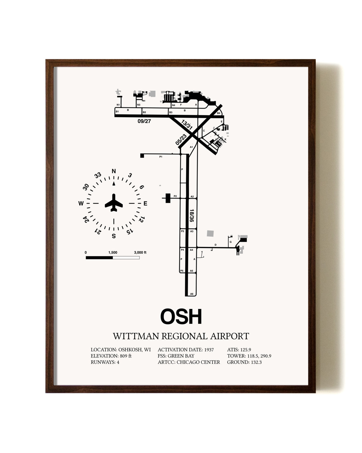 Wittman Regional Airport aviation print in walnut frame