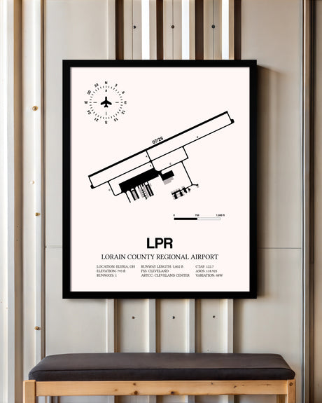 Lorain County Regional Airport framed poster displayed in an airplane hangar
