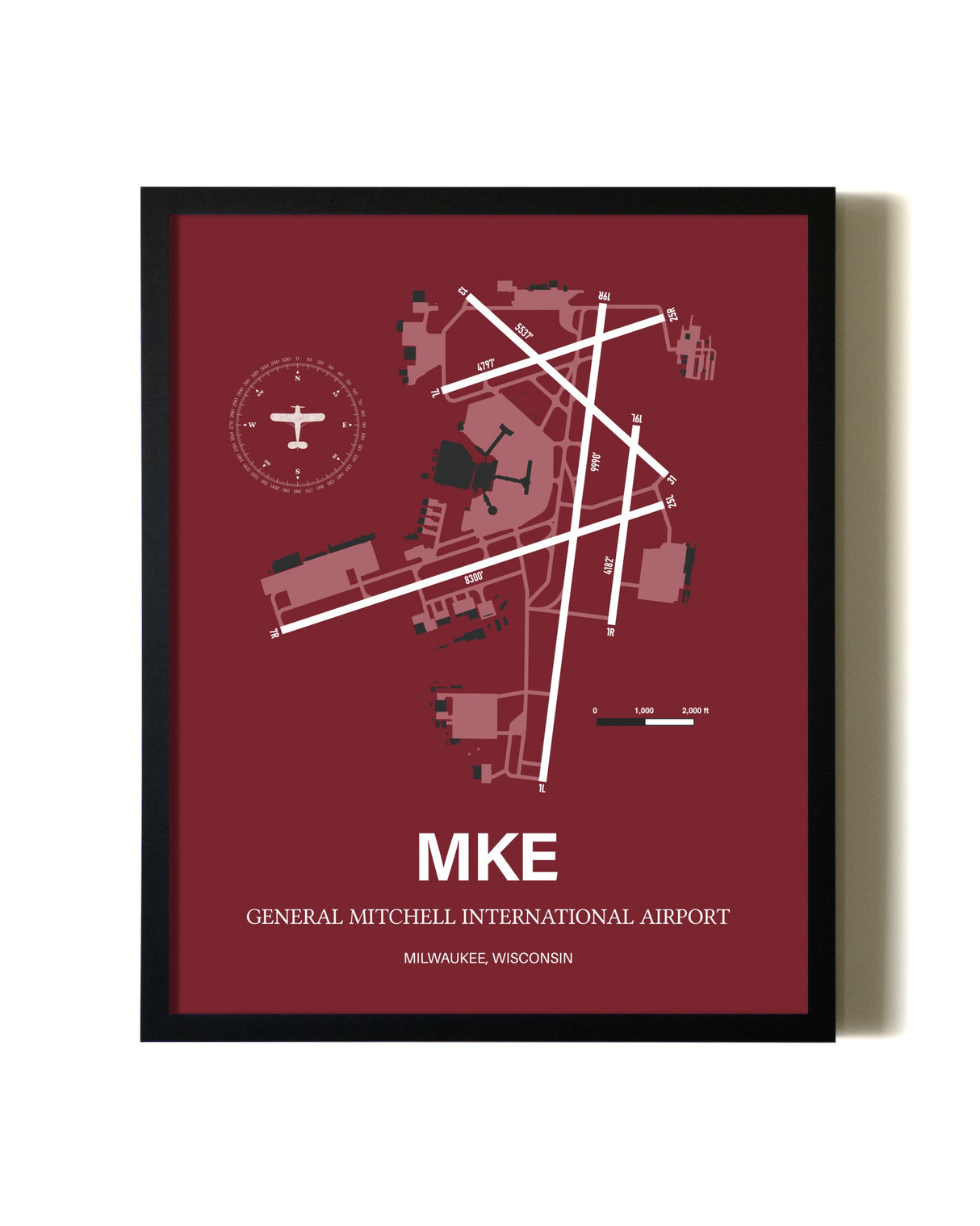 Framed General Mitchell International Airport wall art poster in black frame