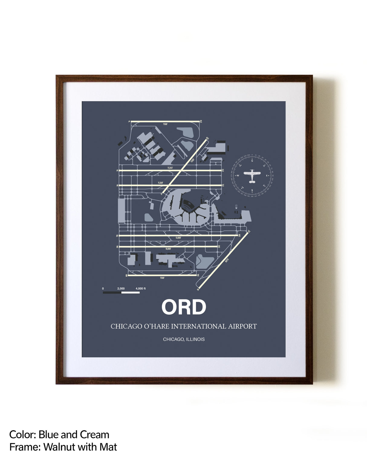 Chicago O'Hare International Airport aviation print in walnut frame with mat