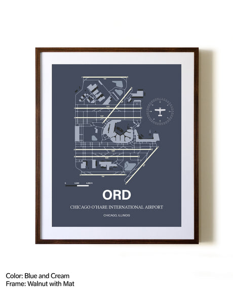 Chicago O'Hare International Airport aviation print in walnut frame with mat