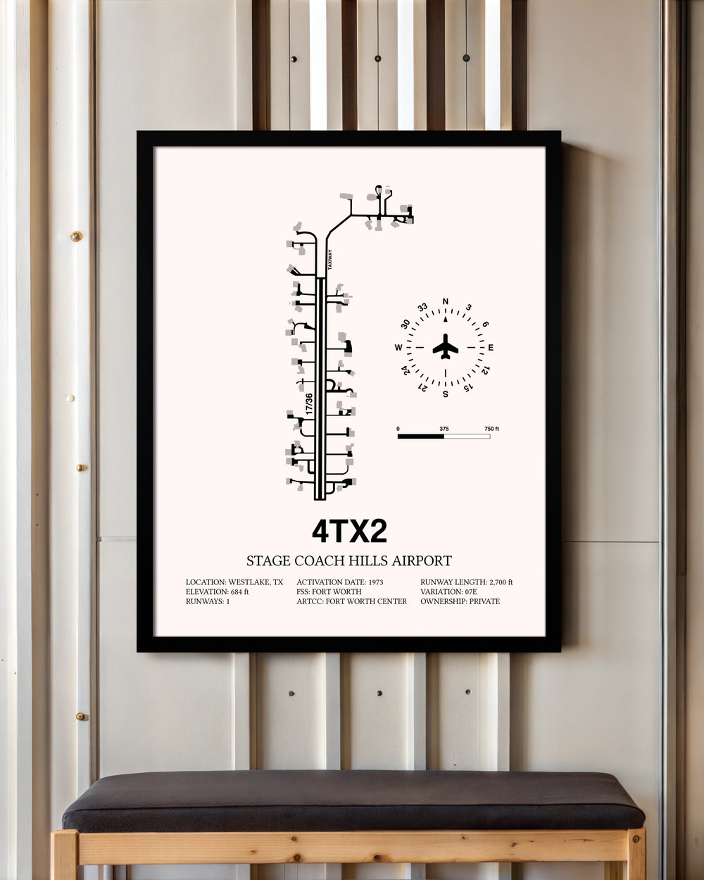 Stage Coach Hills Airport framed poster displayed in an airplane hangar