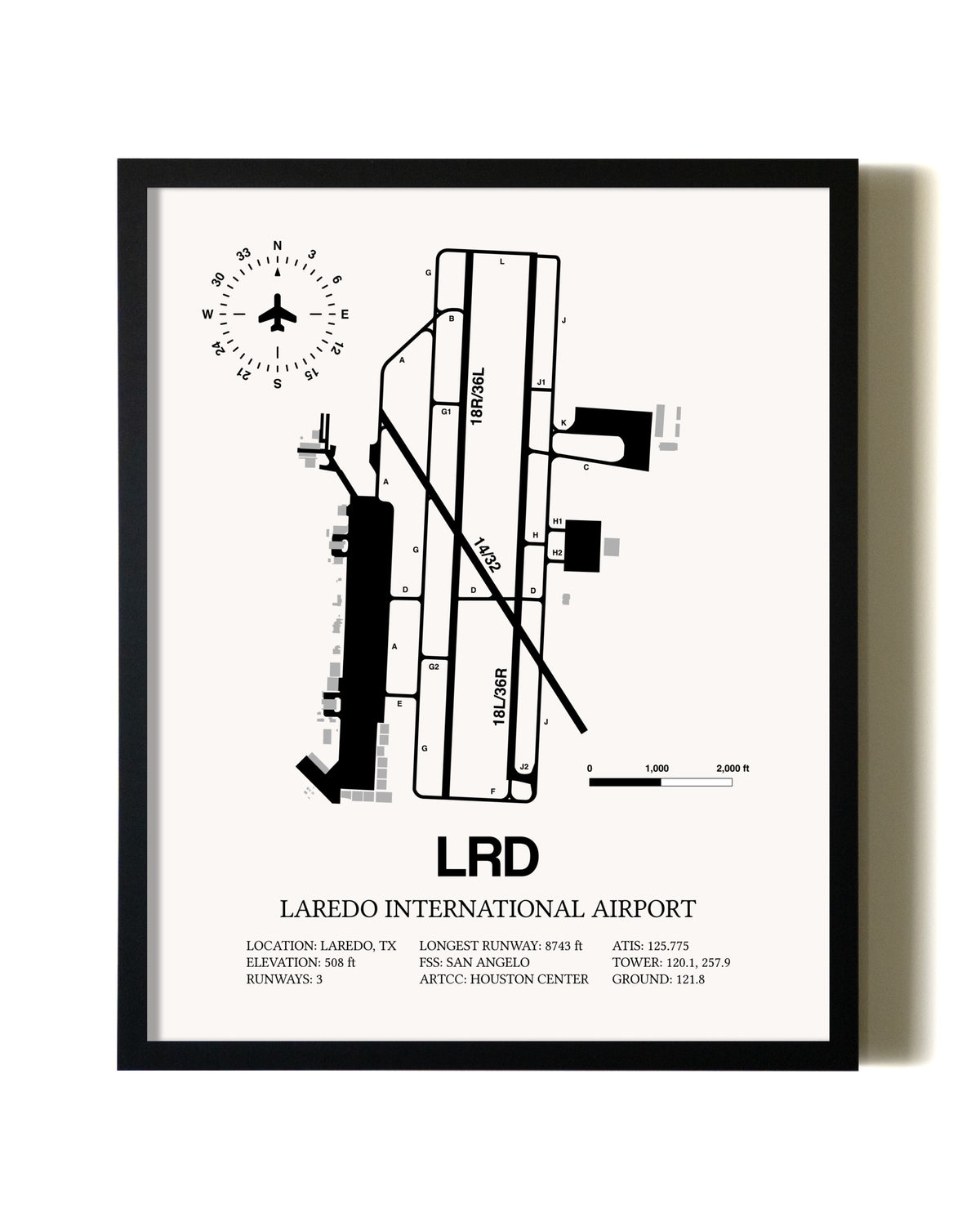 Framed Laredo International Airport wall art poster in black frame
