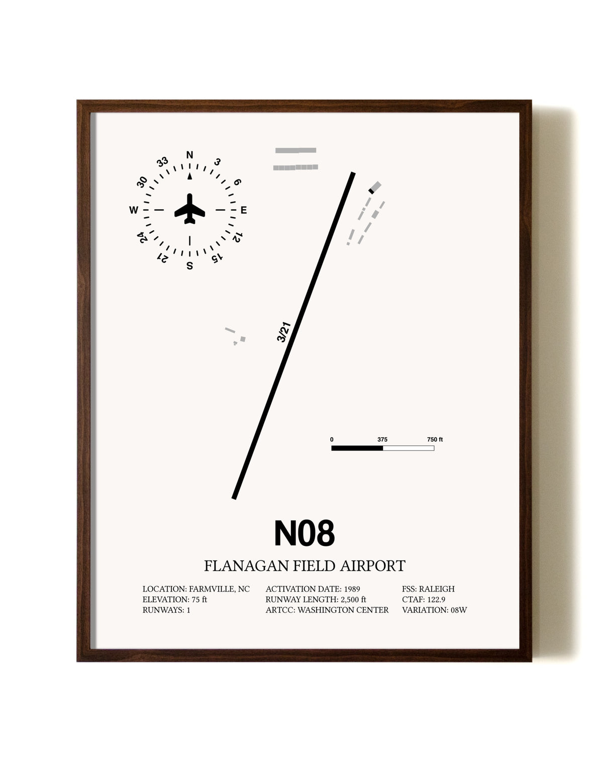 Flanagan Field Airport aviation print in walnut frame