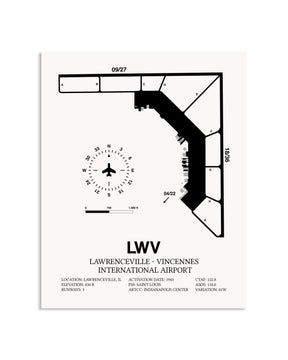 Gray Lawrenceville-Vincennes International Airport framed poster displayed in an airplane hangar