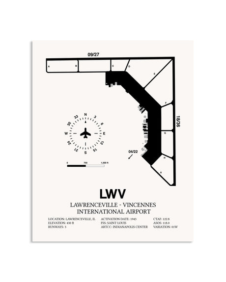Gray Lawrenceville-Vincennes International Airport framed poster displayed in an airplane hangar