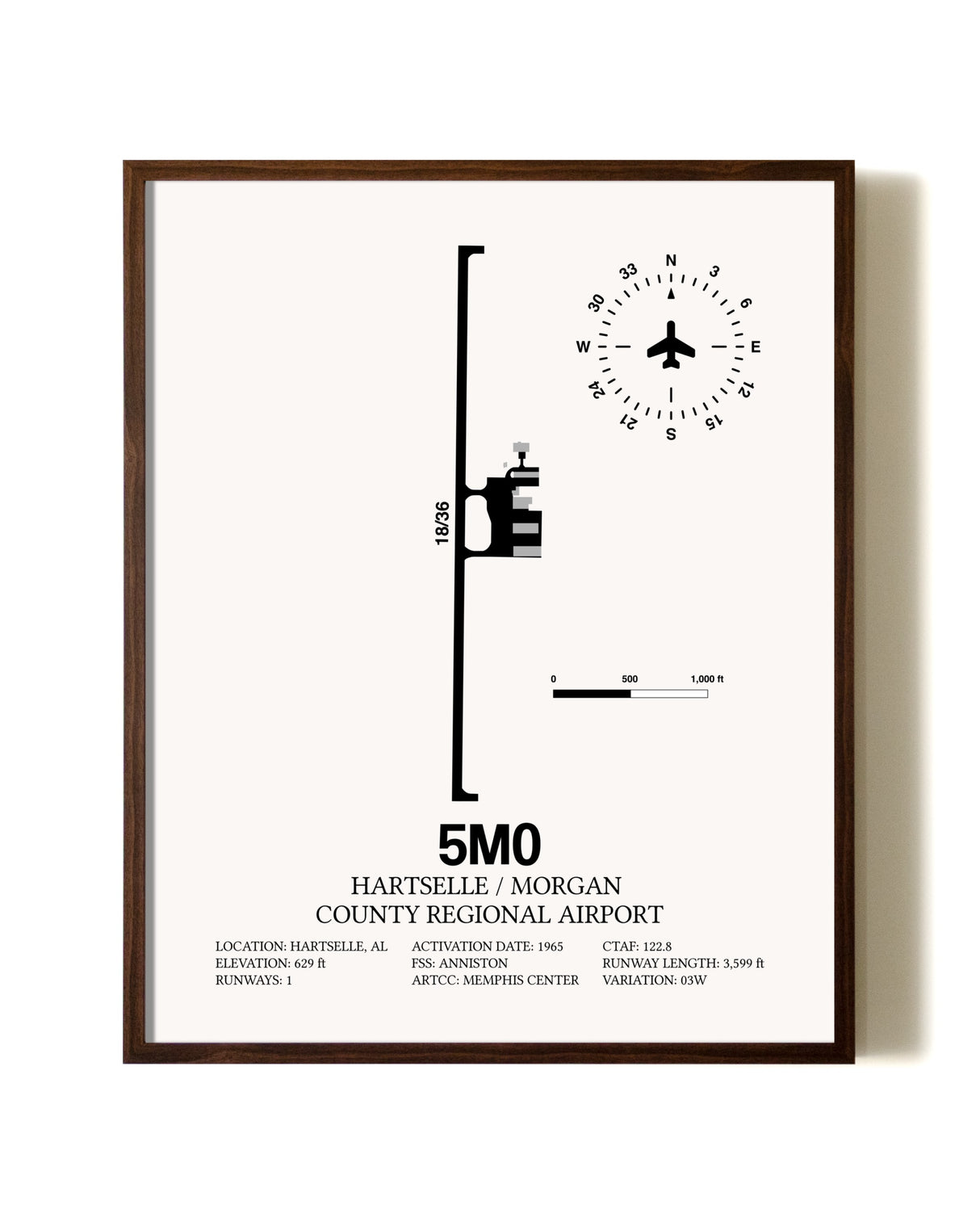 Hartselle / Morgan County Regional Airport aviation print in walnut frame