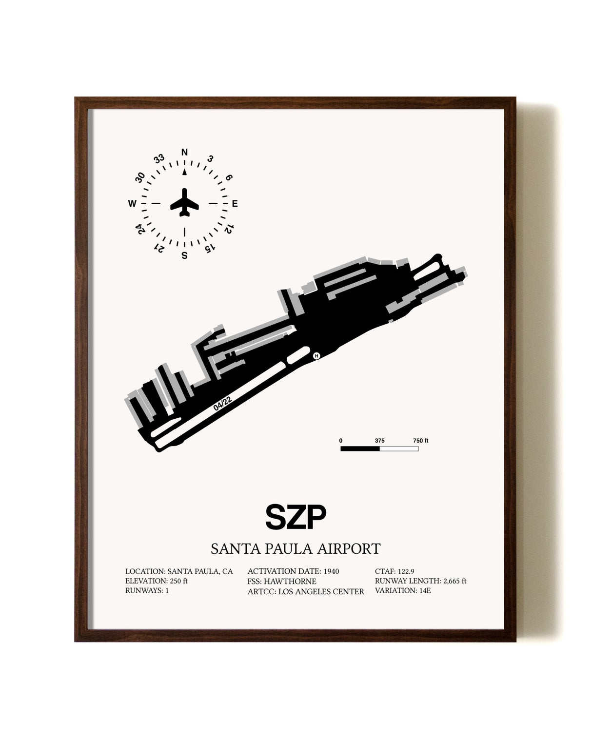 Santa Paula Airport aviation print in walnut frame