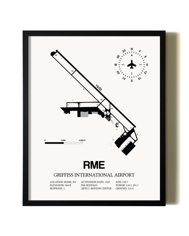 Framed Griffiss International Airport wall art poster in black frame