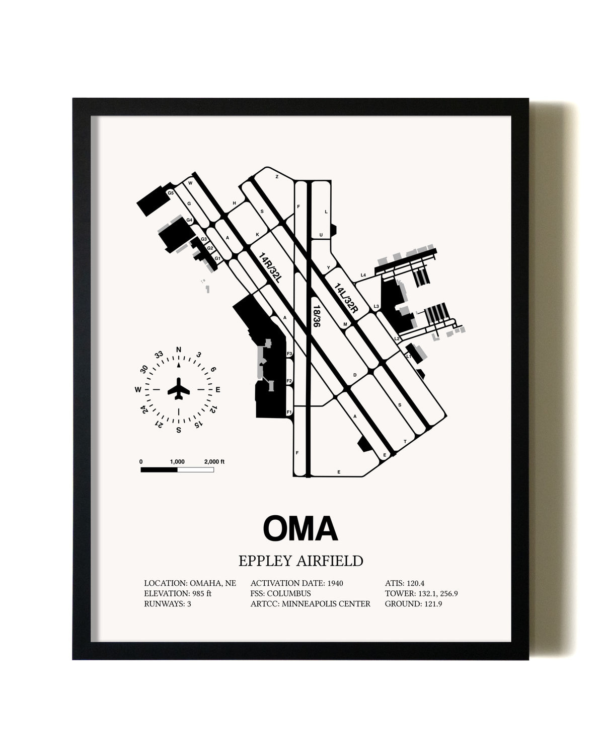 Framed Eppley Airfield wall art poster in black frame