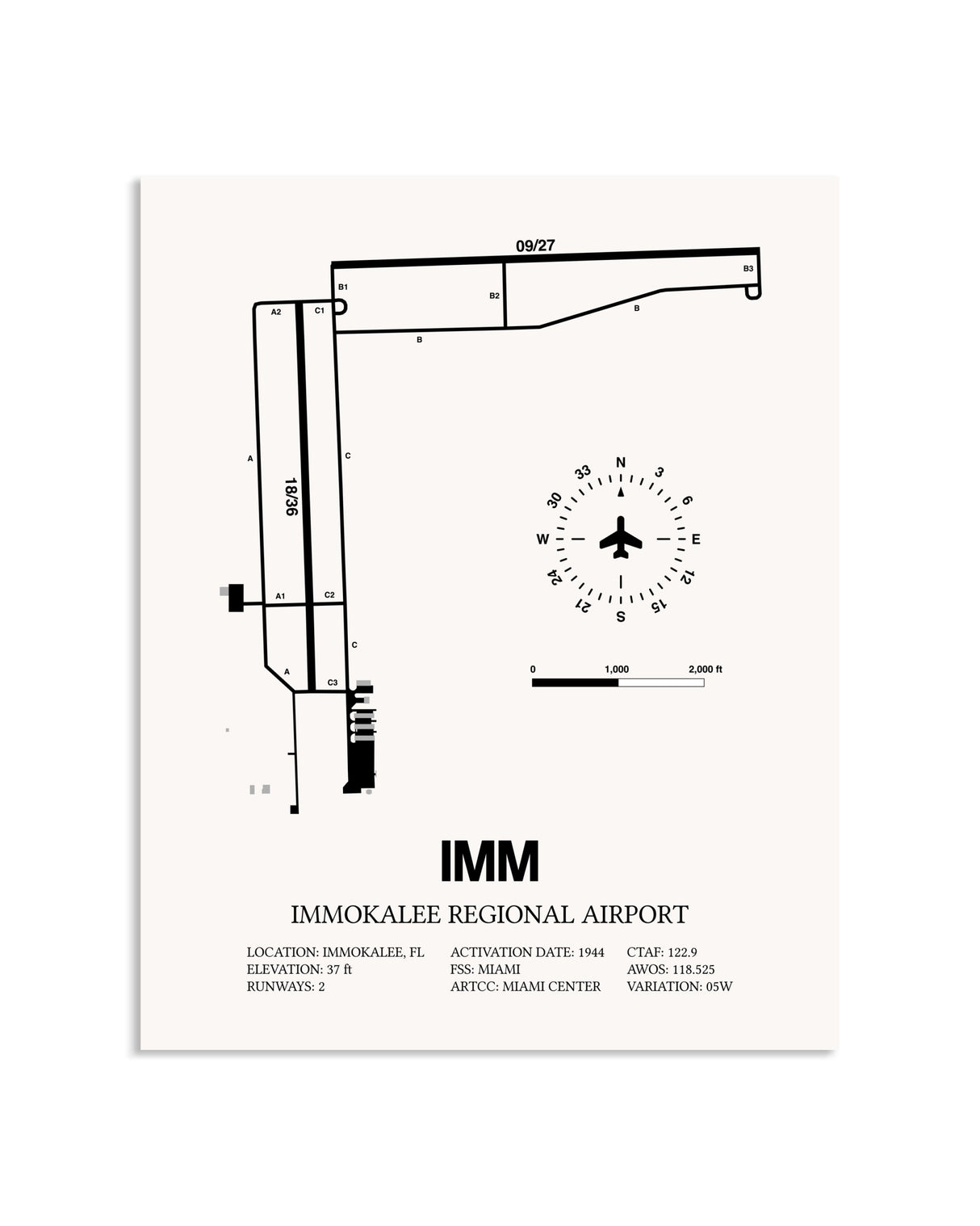 Gray Immokalee Regional Airport framed poster displayed in an airplane hangar