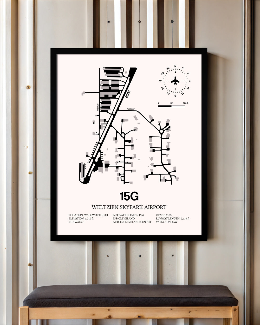 Weltzien Skypark Airport framed poster displayed in an airplane hangar