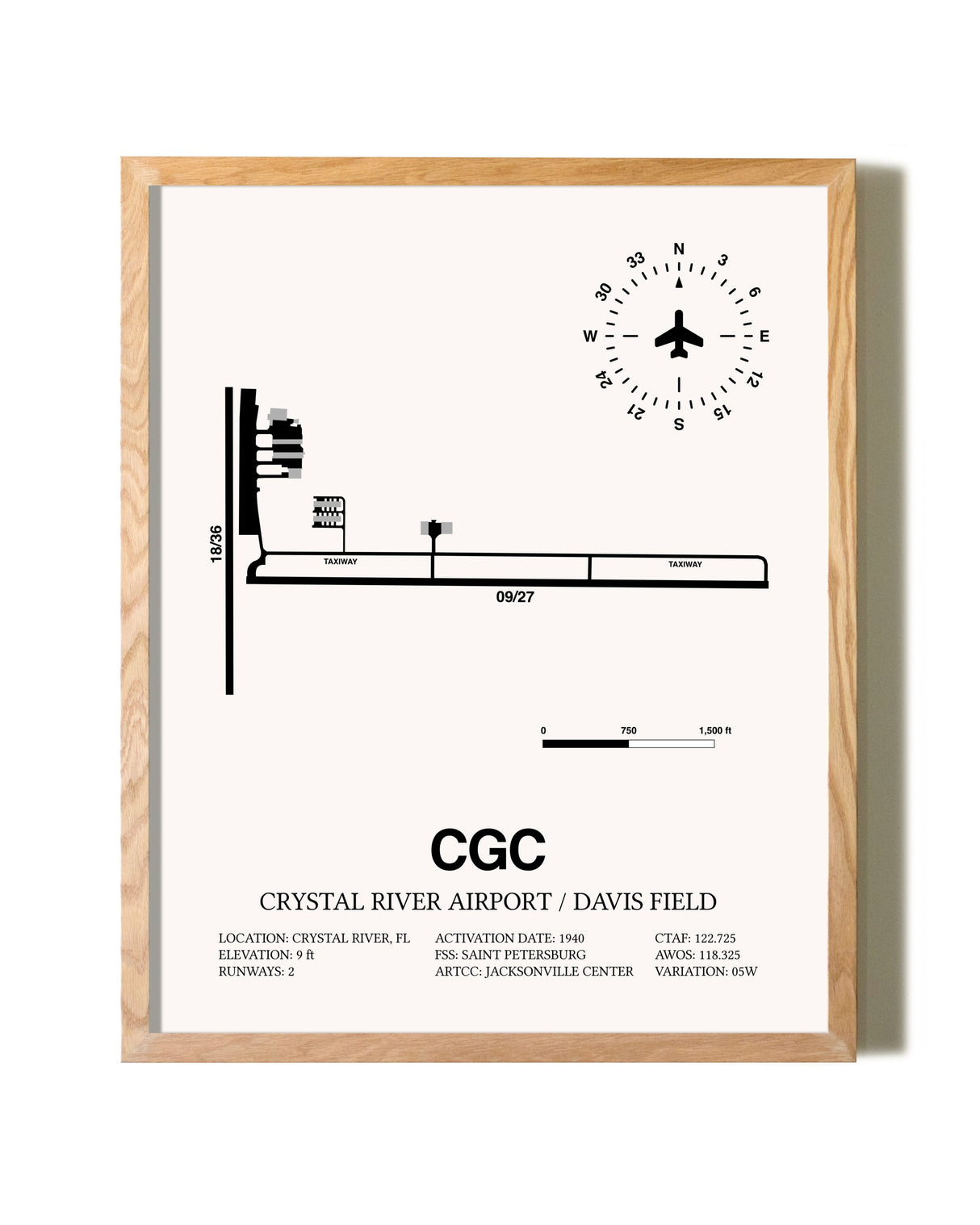 Crystal River Airport / Davis Field framed print in natural wood frame