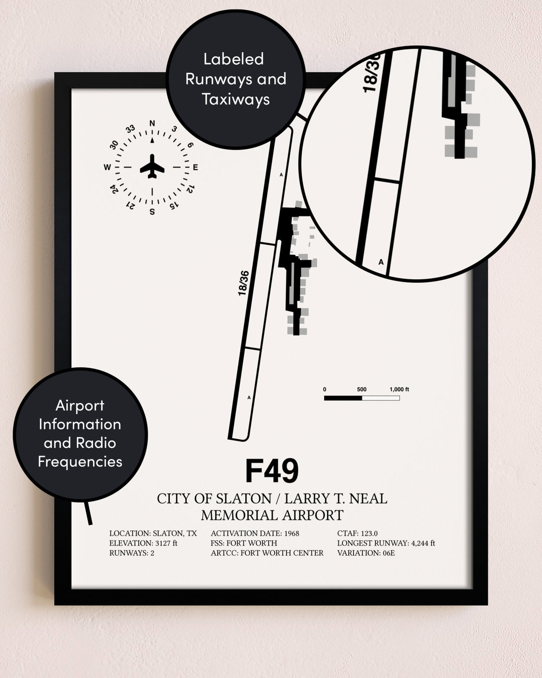 Framed City Of Slaton / Larry T. Neal Memorial Airport layout wall art poster