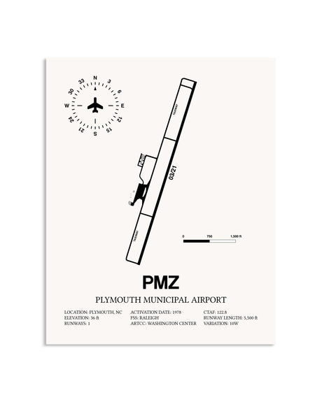 Gray Plymouth Municipal Airport framed poster displayed in an airplane hangar