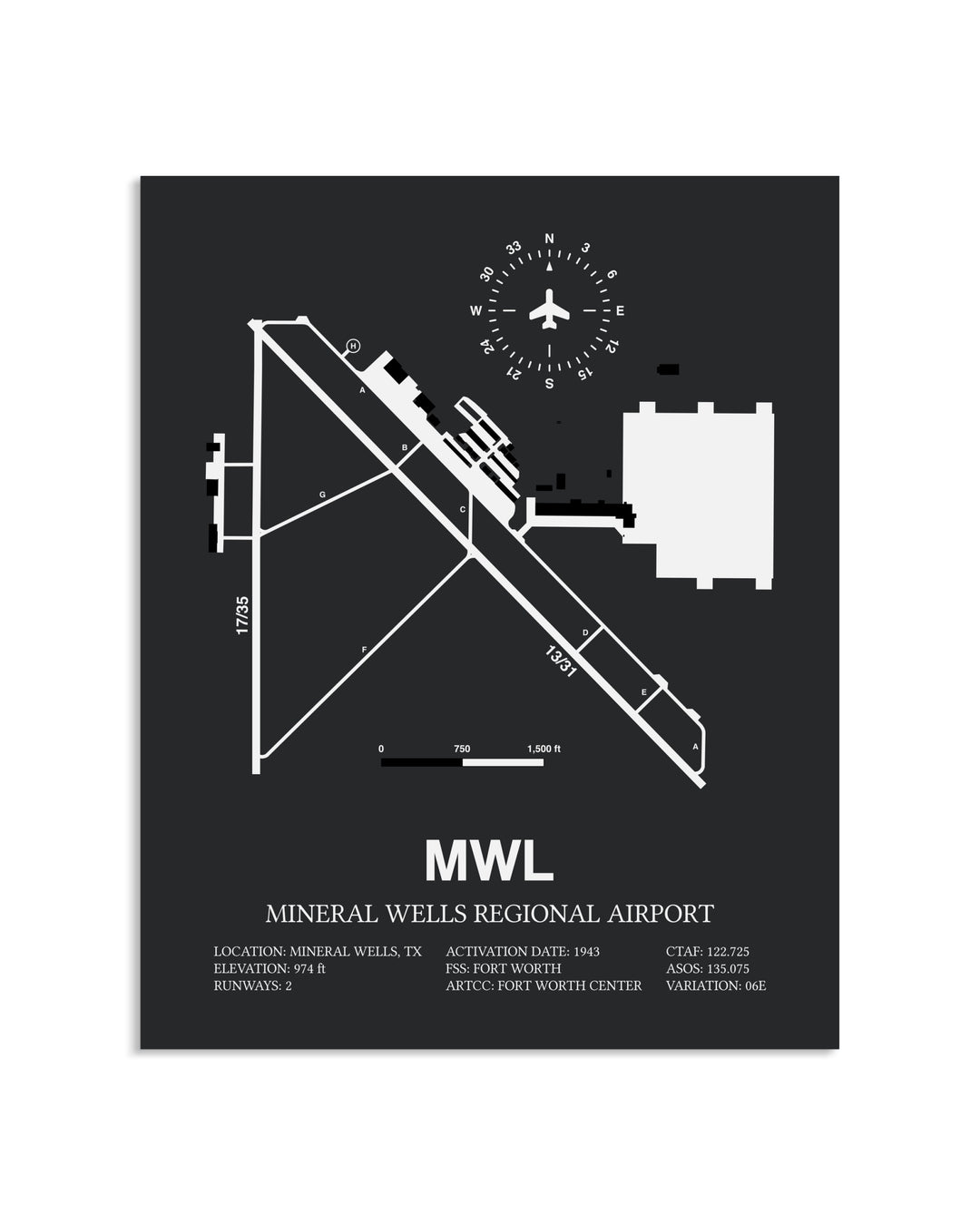 Gray Framed Mineral Wells Regional Airport layout wall art poster