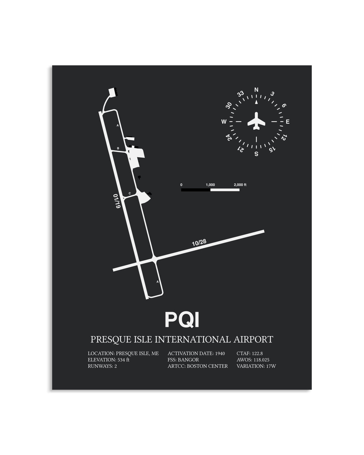 Gray Framed Presque Isle International Airport layout wall art poster