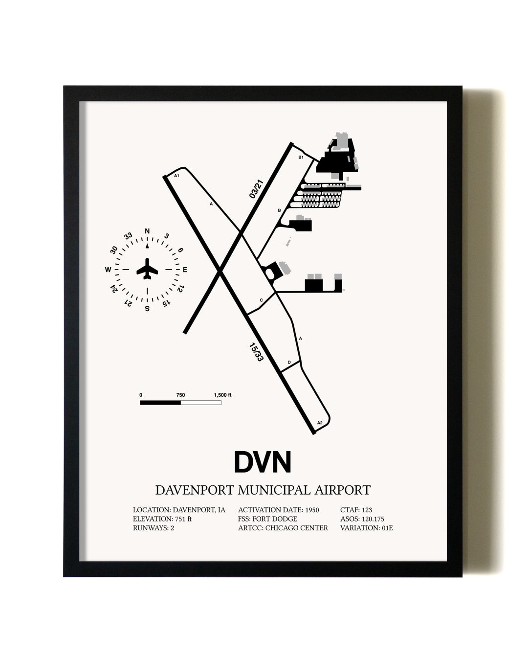 Framed Davenport Municipal Airport wall art poster in black frame