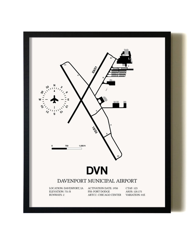 Framed Davenport Municipal Airport wall art poster in black frame