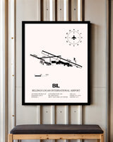 Billings Logan International Airport framed poster displayed in an airplane hangar